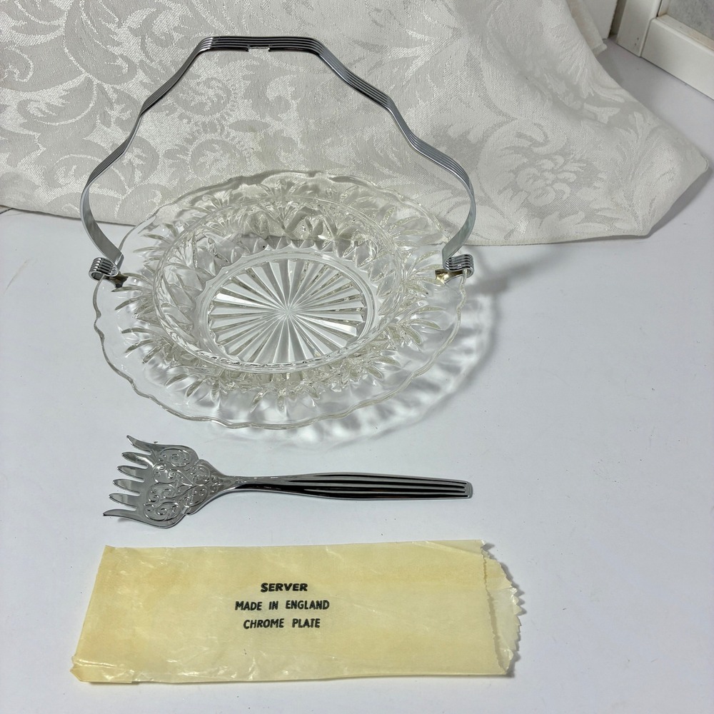 VTG 3pc Seafood Serving Set Made in England Chrome Glass Dish Fork Box